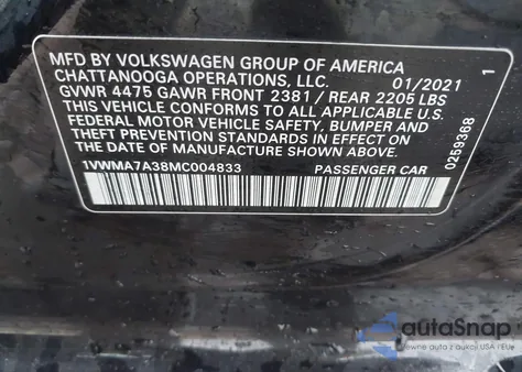 2021 Volkswagen Passat 2.0T R-Line from USA, damaged, VIN 1VWMA7A38MC004833